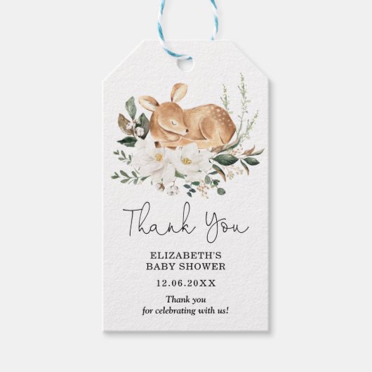 Elegant wit bloemig slapende bos herten Baby Cadeaulabel (Voorkant)