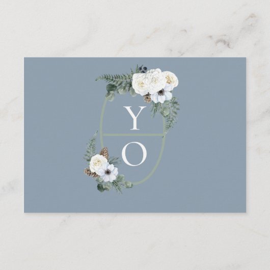 Elegant wit bloemig stoffig blauw RSVP Informatiekaartje (Achterkant)