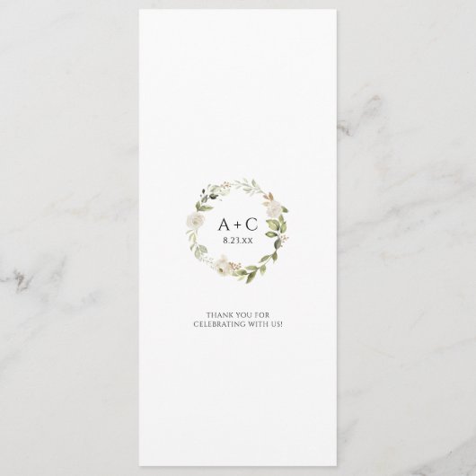 Elegant wit bloemmotief en groen blad Wedding Menu (Achterkant)