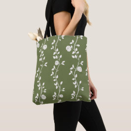 Elegant wit bloemmotief in saliegroen tote bag