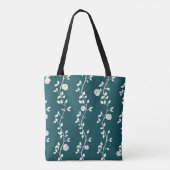 Elegant wit bloemmotief in teal tote bag (Achterkant)