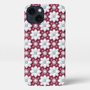 Elegant wit bloemmotief op diepe magenta iPhone 13 hoesje