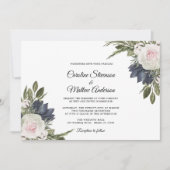 Elegant Wit | Blue Floral bruiloft uitnodiging (Voorkant)