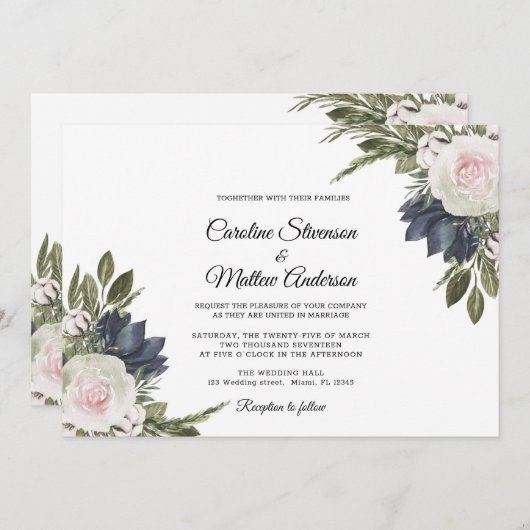 Elegant Wit | Blue Floral bruiloft uitnodiging (Voorkant / Achterkant)