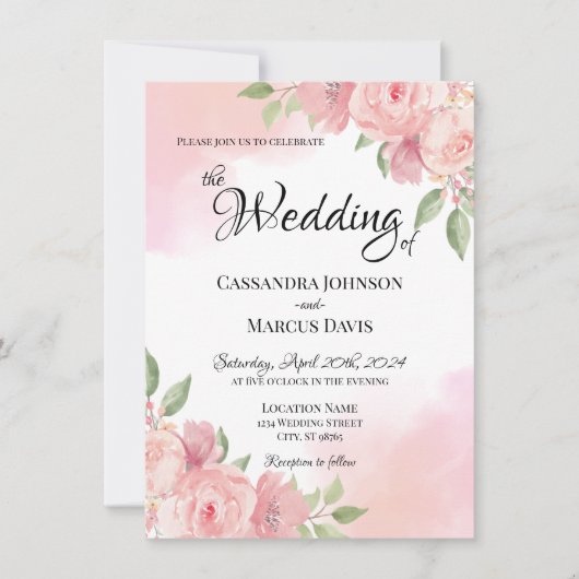 Elegant Wit Blush Roze Bloemen Waterverf Bruiloft Kaart (Voorkant)