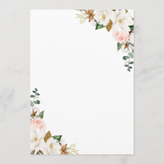 Elegant Wit & Blush Roze Magnolia Bloemen Bruiloft Menu (Achterkant)