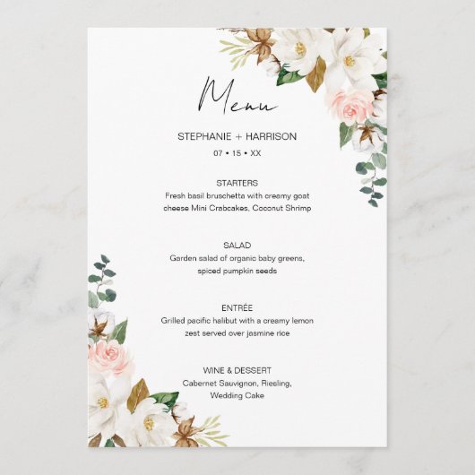 Elegant Wit & Blush Roze Magnolia Bloemen Bruiloft Menu (Voorkant)