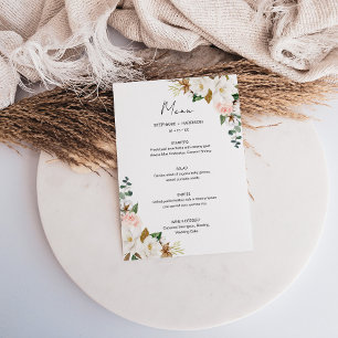 Elegant Wit & Blush Roze Magnolia Bloemen Bruiloft Menu