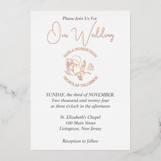 Elegant Wit Bruiloft Roos Gouden Folie Invitation Folie Uitnodiging (Voorkant)