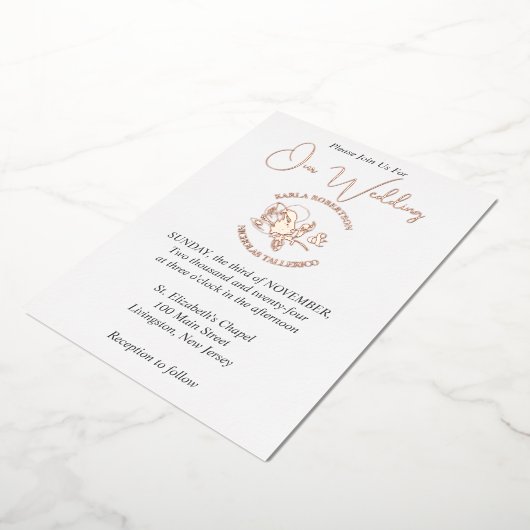 Elegant Wit Bruiloft Roos Gouden Folie Invitation Folie Uitnodiging (Gedraaid)