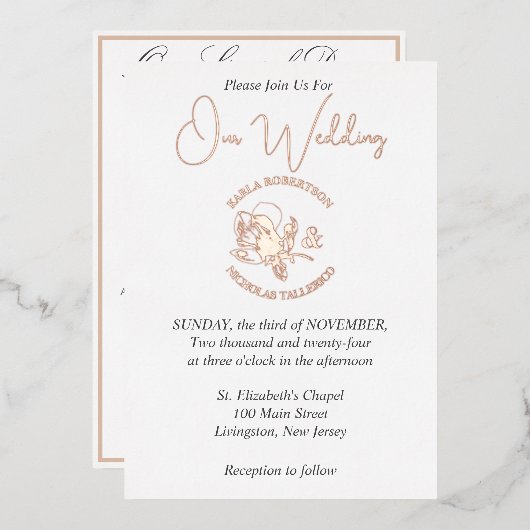 Elegant Wit Bruiloft Roos Gouden Folie Invitation Folie Uitnodiging (Voorkant / Achterkant)