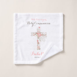 Elegant wit communiqué floral cross washandje