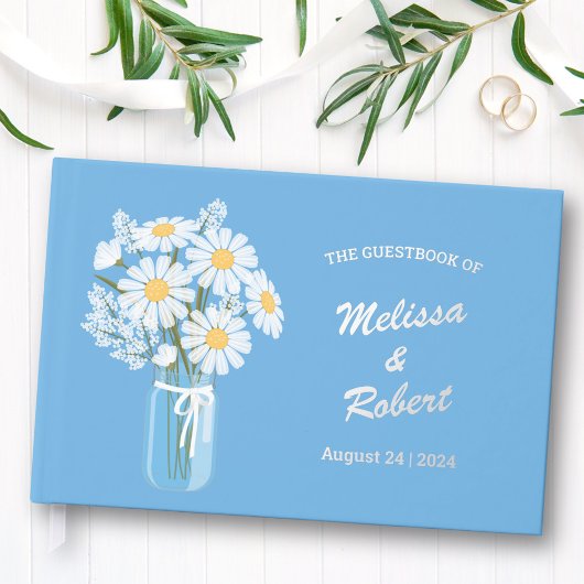 Elegant Wit Daisies Mason Jar Wedding Folie Blauw Gastenboek