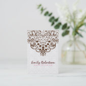 Elegant wit damast bruin kant visitekaartje (Staand voorkant)