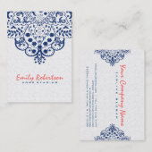 Elegant wit damast donkerblauw kant visitekaartje (Voorkant / Achterkant)