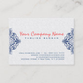 Elegant wit damast donkerblauw kant visitekaartje (Achterkant)