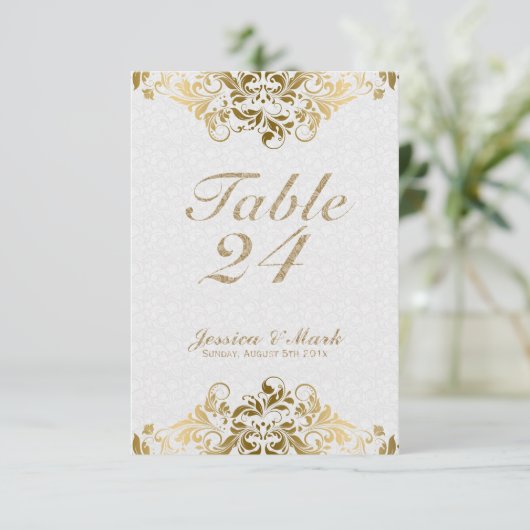 Elegant wit damast en gouden bloemen kant kaart (Staand voorkant)