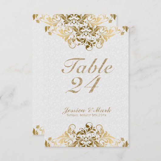 Elegant wit damast en gouden bloemen kant kaart (Voorkant / Achterkant)