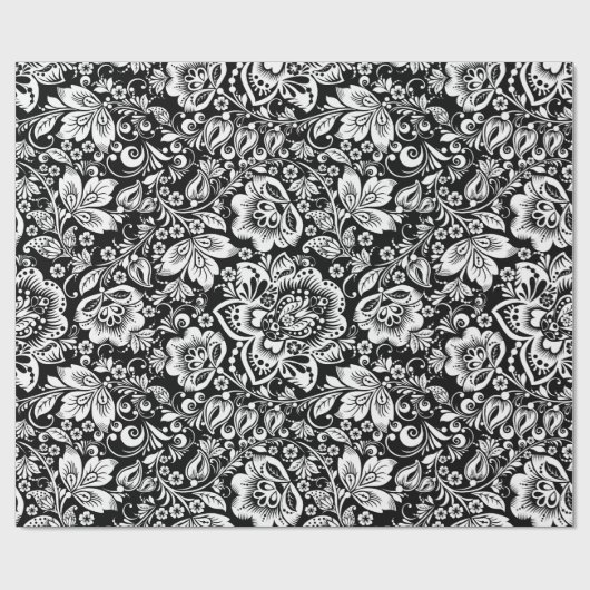 Elegant wit  damast op zwarte achtergrond cadeaupapier (Vlak)