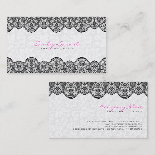 Elegant wit damast zwart kant visitekaartje (Voorkant / Achterkant)