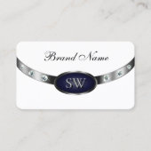 Elegant Wit Donkerblauw en Zilver met Monogram Visitekaartje (Voorkant)