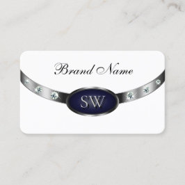 Elegant Wit Donkerblauw en Zilver met Monogram Visitekaartje