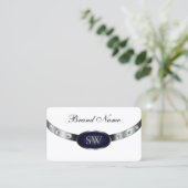 Elegant Wit Donkerblauw en Zilver met Monogram Visitekaartje (Staand voorkant)