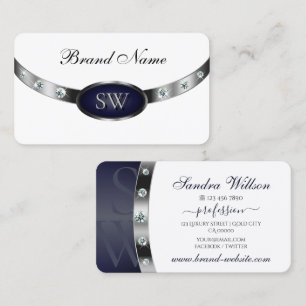 Elegant Wit Donkerblauw en Zilver met Monogram Visitekaartje