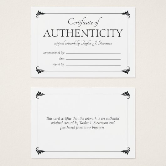 Elegant  wit echtheidscertificaat visitekaartje (Voorkant /achterkant)