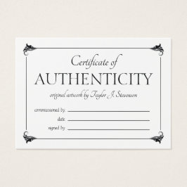 Elegant wit echtheidscertificaat visitekaartje