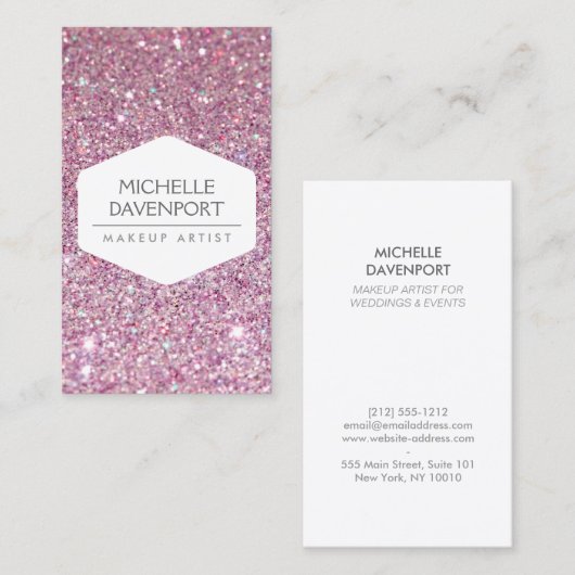 ELEGANT WIT EMBLEEM OP ROZE GLITTER ACHTERGROND II VISITEKAARTJE (Voorkant / Achterkant)