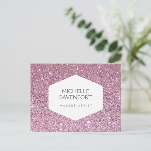 ELEGANT WIT EMBLEEM OP ROZE GLITTER BRIEFKAART (Staand voorkant)
