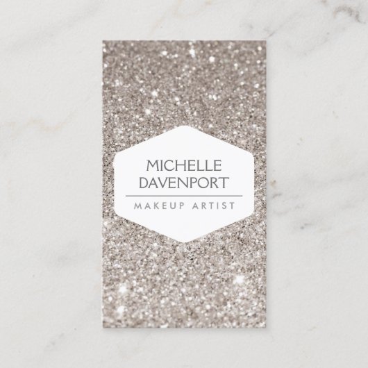 ELEGANT WIT EMBLEEM OP ZILVEREN GLITTER II VISITEKAARTJE (Voorkant)