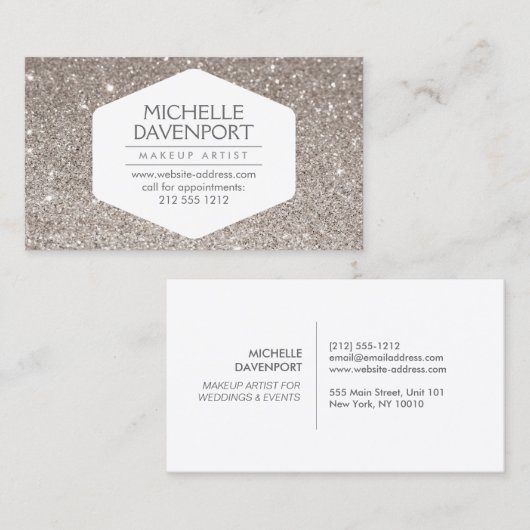 ELEGANT WIT EMBLEEM OP ZILVEREN GLITTER II VISITEKAARTJE (Voorkant / Achterkant)