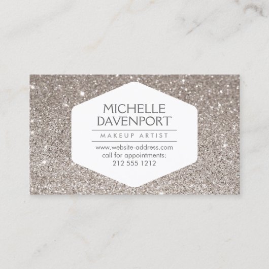 ELEGANT WIT EMBLEEM OP ZILVEREN GLITTER II VISITEKAARTJE (Voorkant)