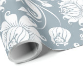Elegant wit en blauw-grijs bloemendamast patroon cadeaupapier (Rol Hoek)