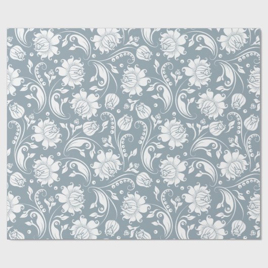 Elegant wit en blauw-grijs bloemendamast patroon cadeaupapier (Vlak)
