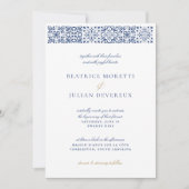 Elegant wit en blauw Mediterraan Tegel bruiloft Kaart (Voorkant)