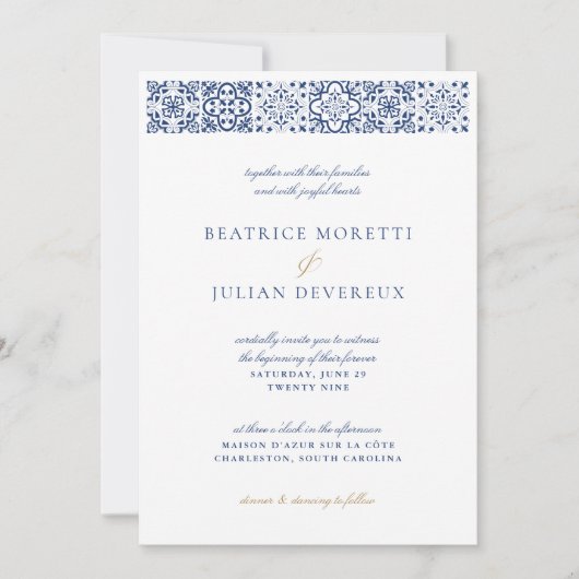 Elegant wit en blauw Mediterraan Tegel bruiloft Kaart (Voorkant)