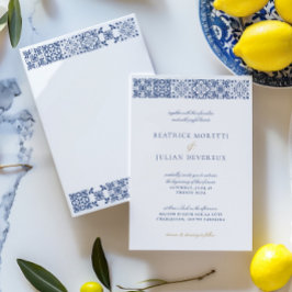 Elegant wit en blauw Mediterraan Tegel bruiloft Kaart
