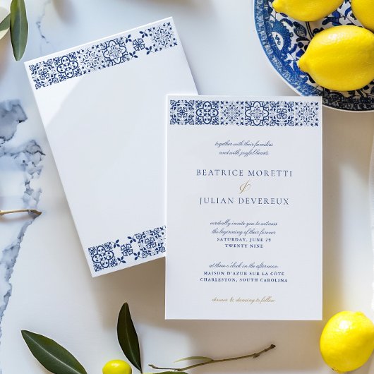 Elegant wit en blauw Mediterraan Tegel bruiloft Kaart
