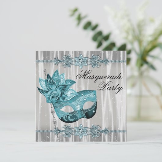 Elegant wit en Blauwgroen blauw Masquerade Party Kaart (Staand voorkant)
