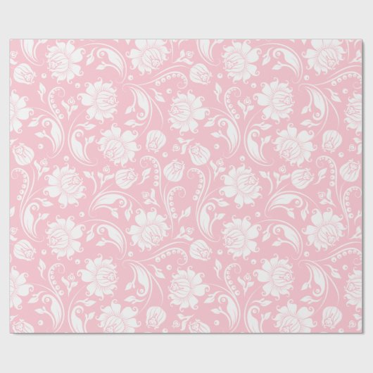 Elegant wit en bleek roze bloemendamast cadeaupapier (Vlak)