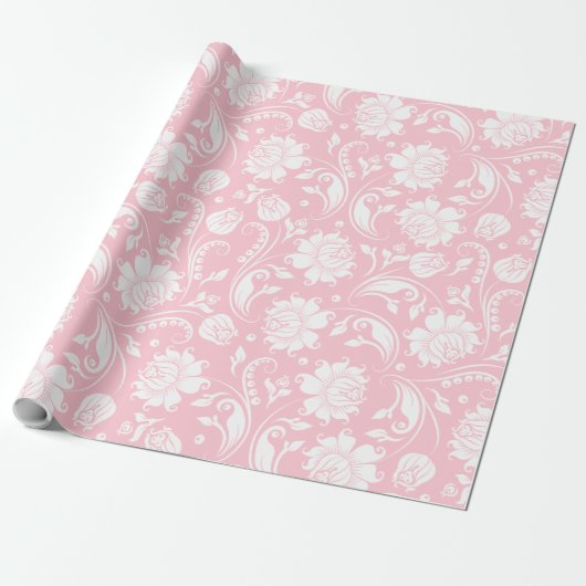 Elegant wit en bleek roze bloemendamast cadeaupapier (Uitgerold)