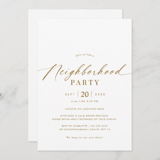 Elegant wit en goud buurtfeest kaart (Voorkant / Achterkant)