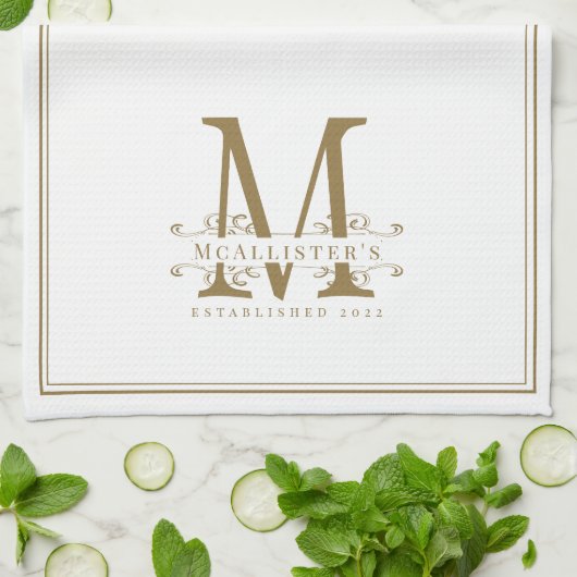 Elegant Wit en Goud Classy Familie Monogram Theedoek (Gevouwen)