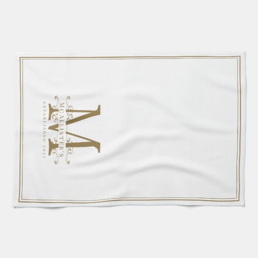 Elegant Wit en Goud Classy Familie Monogram Theedoek (Horizontaal)