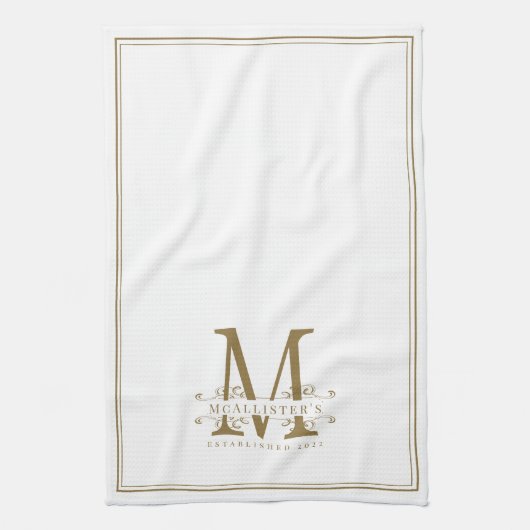 Elegant Wit en Goud Classy Familie Monogram Theedoek (Verticaal)