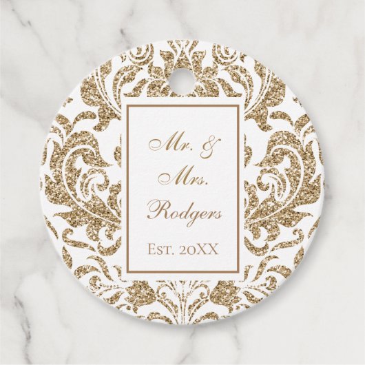 Elegant Wit en Goud Faux Glitter Bruiloft Bedankjes Labels (Voorkant)