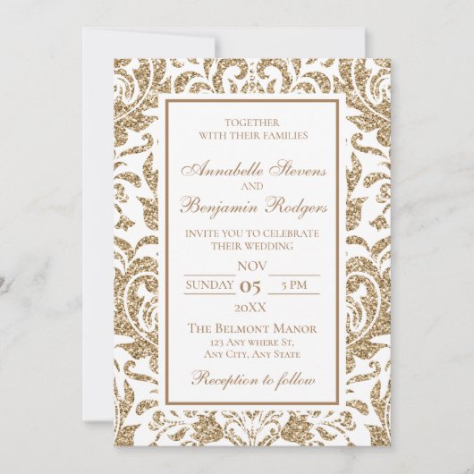 Elegant Wit en Goud Faux Glitter Bruiloft Kaart (Voorkant)